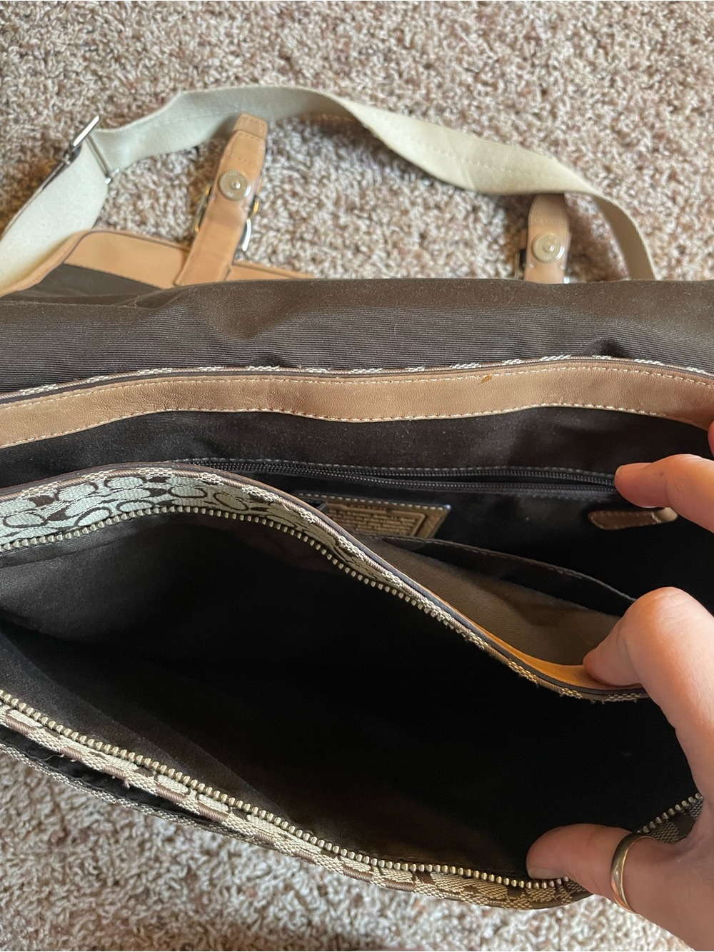 Coach Canvas Messenger Bag in Khaki and Tan with Stripe Detail - Picture 9 of 13